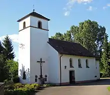 Fraulautern, St. Apollonia-Kapelle mit romanischem Turm nach dem Wiederaufbau