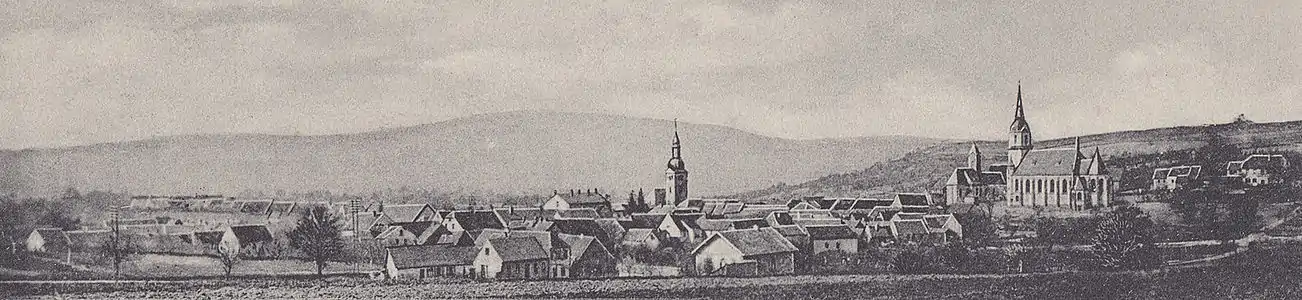 Historisches Panorama von Göllheim ca. 1911, mit der alten Hl. Kreuz Kirche neben der neu errichteten Nepomuk Kirche, im Hintergrund der Donnersberg