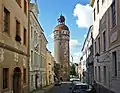 Sicht von der Nikolaistraße auf den Turm