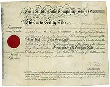 Gründeraktie der Gas Light and Coke Company über 50 £, ausgestellt am 1. Dezember 1812 in Pall Mall in der Grafschaft Middlesex, gedruckt auf Pergament. Die von Friedrich Albert Winzer mit einem Kapital von 200.000 £ gegründete Gesellschaft war das erste öffentliche Gaswerk der Welt, Vorläufer von British Gas, dem größten britischen Energieversorger.