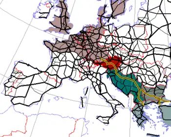 Einzugsgebiet des Schoberpasses, mit Quell-, Ziel- und Transitstaaten  (der Gastarbeiterroute der 1970er, ohne ehem. Ostblock)