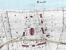 Lageplan des Dorfes von 1868, mittig das große Glashüttengebäude