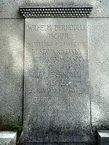 Wilhelm Bernoulli-Vischer (1869–1909) Baumeister, Architekt. Olga Bernoulli-Vischer (2. November 1879–7. Mai 1963), Georgine Olga Bernoulli (27. Juli 1902–19. Januar 1996) Gustav Burckhardt-von Speyr (1844–1930), Fanny Burckhardt-von Speyr (1888–1934) Familiengrab auf dem Wolfgottesacker, Basel