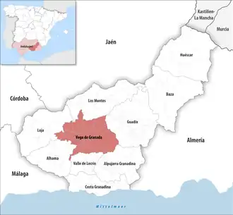 Die Lage der Comarca Vega de Granada in der Provinz Granada