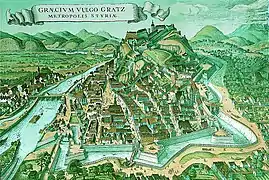 Graz vor 1657, Blick Richtung Norden. Links unten das Neutor, das Kälberne Viertel nördlich davon ist zur Mur noch offen, der Verlauf der mittelalterlichen Stadtmauer östlich davon erahnbar.