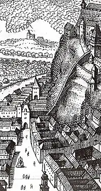 Situation 1649, Blick von Süden auf das Erste und Zweite Sacktor, rechts führt vom Uhrturm die Stadtmauer herab.