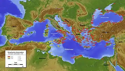 Orangefarben: griechische Handelszentren. Die griechische und phönizische Kolonisation; im 8. bis 6. Jahrhundert v. Chr.