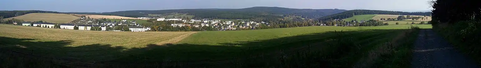 Blick vom Spiegelwald auf den Ortsteil Grünhain (im Hintergrund der Schatzenstein)