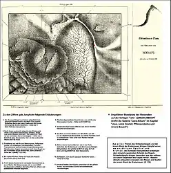 Situationsplan vom Krater des Merapi. Entworfen im November 1836.Darunter eine Abschrift von Junghuhns Erläuterungen in den „Erklärungen der Tafeln des Atlasses …“