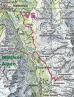 Wegverlauf mit Verlängerung zur Weissmieshütte.