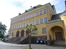 Stirnseite des Gymnasiums mit den Haupteingängen