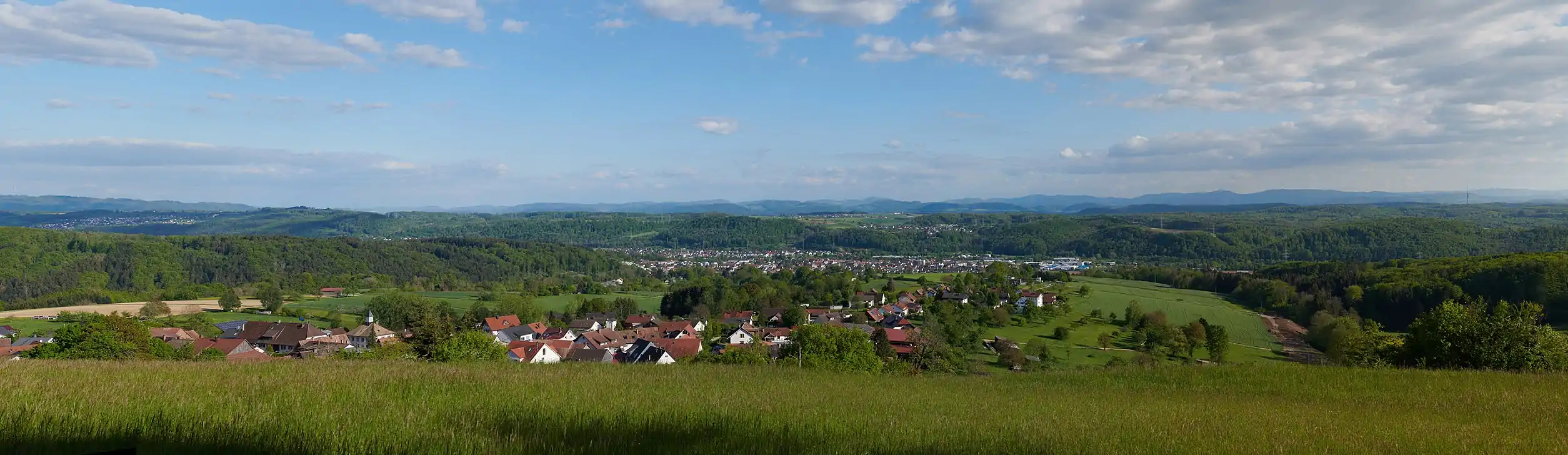 Panoramablick vom Aussichtspunkt Zur schönen Aussicht: Hägelberg, etwas weiter entfernt Steinen, dahinter der Dinkelberg