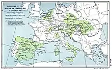 Herrschaftsbereich der Habsburger nach der Schlacht von Mühlberg (1547), die Ländereien der Habsburger sind grün gestrichen, wie im Cambridge Modern History Atlas (1912) gezeigt