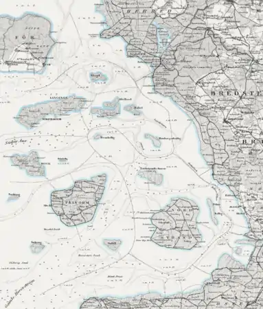 Karte der Halligen 1858, mit Gröde und Appelland getrennt