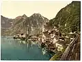 Hallstatt, um 1900 – Anlegesteg, Bootslände, Bootshäuser; 2 Maste