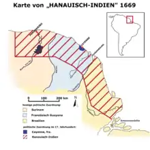 Gebiet von Hanauisch-Indien auf die heutigen Staatsgrenzen projiziert