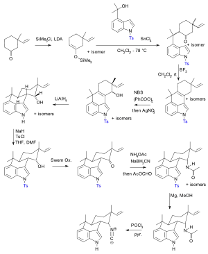 Hapalindol U Muratake 1990 Ts-Schutzgruppensynthese (Schutzgruppen in blau.)