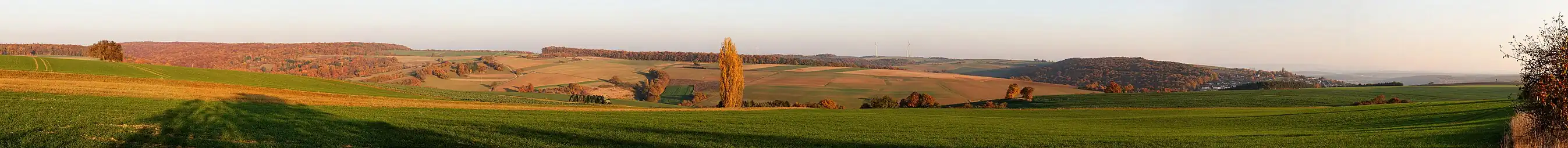 Herbstliches Panorama mit Blick ins Hausener Tal. Ganz rechts am Horizont das Schweinfurter Becken und dahinter im Dunst der Steigerwald