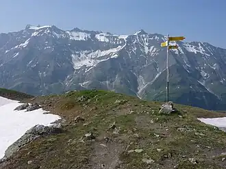 Ringelgebirge aus der Richtung des Heidelpasses über das Calfeisental hinweg gesehen; Ringelspitz links als höchster Punkt des Horizonts und der Piz da Sterls etwas links vom Wegweiser.