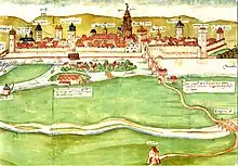 1557: Der Neckar wird von der steinernen Neckarbrücke überquert. Über den Altarm führt die hölzerne „äußere Brücke“.