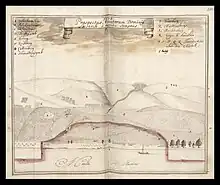 Die Lösnicher Gemarkung links der Mosel 1675. Mit "M" ist nach dem Moselübergang links der Flurbereich "Beim H(eiligen) Häuschen" gekennzeichnet.