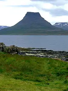 Der Felsen Hestur von der Insel Vigur aus.