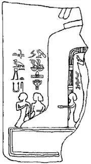 Umzeichnung eines Relieffragments aus Heliopolis mit Darstellungen von Djoser, Hetephernebti, Inetkaes und einer unbekannten Person