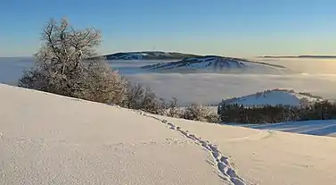 Hexenbuche im Winter, Blick zum Kreuzberg