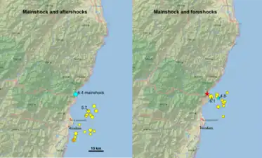 Vor-, Haupt- und Nachbeben am 9. Februar (UTC 18:00) – USGS, Hualien 2018