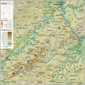 Lage des Hunsrücks in Rheinland-Pfalz und dem Saarland