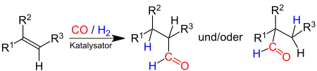 Hydroformylierung eines Alkens (R1 bis R3 Organylgruppen (z. B. Alkyl- oder Arylgruppen) oder Wasserstoffatome).