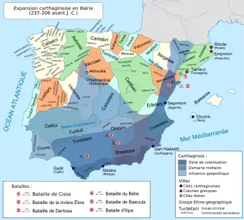 Iberische Halbinsel vor und während des Zweiten Punischen Krieges 237 bis 206 v. Chr.; die Schlacht bei Baecula trägt die Nummer 5