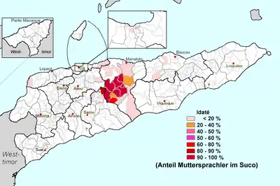 Anteil von Idaté-Muttersprachlern in den Sucos Osttimors.