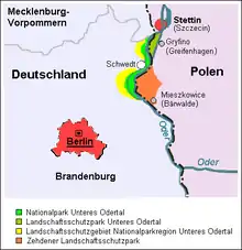 Karte mit dem Nationalpark Unteres Odertal und dem unteren Zwischenoderbereich