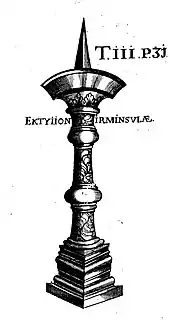 Zeichnung der Irmensäule (1612) aus dem Hildesheimer Dom in ihrer ersten Version mit Kupferreif und Dorn.