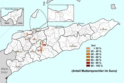 Anteil von Isní-Muttersprachlern in den Sucos Osttimors.