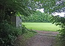 Blick vom Spazierweg am Jahn-Denkmal auf die große zweigeteilte Spielwiese des Lohrparks, die Wettkampffläche des Lohrbergfestes