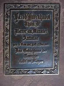 Jakob Burckhardt der Ältere (1785–1858) Theologe, Antistes der reformierten Kirche in Basel. Epitaph (Grabtafel) im gotischen Doppelkreuzgang (15. Jh.) des Basler Münster.