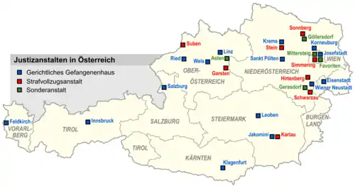 Standorte der österreichischen Justizanstalten.