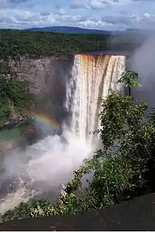 Kaieteur Falls, ein Wasserfall mit bräunlichem Wasser an einer steilen Sandsteinklippe.