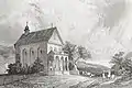 St. Anna-Kapelle in Trun 1836 gezeichnet von Heinrich Zschokke, rechts daneben der Ahorn von Trun mit zwei Stämmen