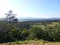 Blick nach Süden über den Bergfuß des Gabrk, hinten links Čičarija mit Slavnik, rechts Golič–Kokus-Zug des Kras