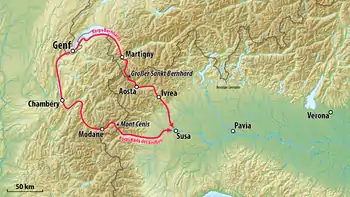 Marschrouten der Alpenüberquerung während des Langobardenfeldzugs im Jahr 773