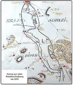 Historischer Lageplan mit dem Herrschaftlichen Weg zwischen Wolfenbüttel und Braunschweig