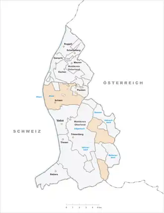 Lage der Gemeinde Schaan  im Fürstentum Liechtenstein (anklickbare Karte)