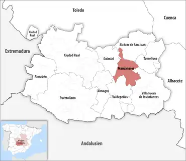 Die Lage des Gerichtsbezirk Manzanares in der Provinz Ciudad Real