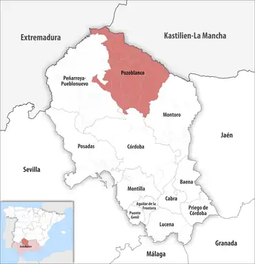 Die Lage des Gerichtsbezirk Pozoblanco in der Provinz Córdoba