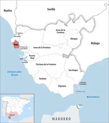 Die Lage des Gerichtsbezirk Rota in der Provinz Cádiz