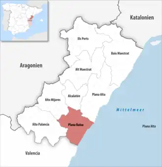 Die Lage der Comarca Plana Baixa in der Provinz Castellón