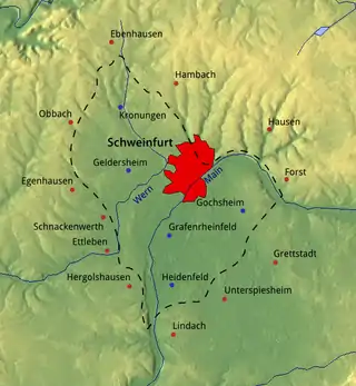 Euerbach liegt im Nordwesten des Schweinfurter Beckens, Obbach bereits außerhalb